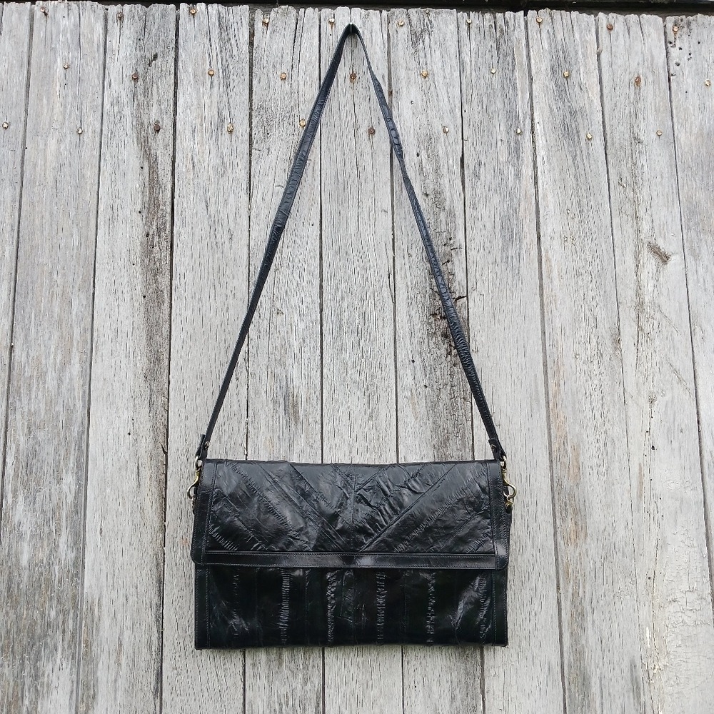 Vintage Eel Skin Eelskin Clutch Shoulder Bag Black Leather Lined Womens Purse